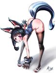  animal_ears arm_support ass bad_anatomy bent_over black_hair blush braid elin_(tera) fox_ears gloves kiz_j_lindemann long_hair one-piece_swimsuit open_mouth purple_eyes shoes side_ponytail solo swimsuit tail tera_online thighhighs wide_hips 