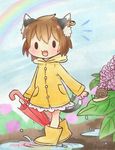  alternate_costume animal_ears boots brown_hair cat_ears cat_tail chen closed_umbrella flower hydrangea ibaraki_natou jewelry multiple_tails nekomata puddle rainbow rubber_boots short_hair single_earring snail solo tail touhou two_tails umbrella yellow_footwear 