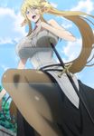  1girl blonde_hair blue_eyes blush breasts centorea_shianus female gradient gradient_background highres huge_breasts large_breasts long_hair monster_girl monster_musume_no_iru_nichijou open_mouth pointy_ears ponytail screencap solo standing stitched sword weapon weapons 
