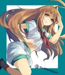  ahoge awa_toka brown_eyes brown_hair kantai_collection kuma_(kantai_collection) long_hair looking_to_the_side navel open_mouth protected_link salute school_uniform serafuku shorts solo twitter_username 