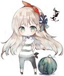  bangs bow chibi commentary_request food fruit hair_bow hand_on_hip kotatu_(akaki01aoki00) light_brown_hair original shirt smile solo standing striped striped_shirt tied_shirt translated watermelon white_background 
