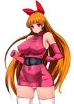 bare_shoulders blossom_(ppg) bow breasts covered_navel detached_sleeves elbow_gloves gloves hair_bow ishimiso_(ishimura) large_breasts long_hair looking_at_viewer microskirt older orange_hair panties pantyshot pantyshot_(standing) pencil_skirt pink_eyes pink_gloves powerpuff_girls skin_tight skirt smile solo standing thighhighs twintails underwear white_legwear 