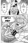  adelgund breasts canid canine canis clothed clothing daigaijin dog duo english_text furryfight_chronicles german_shepherd greyscale grin lagomorph mammal midriff monochrome muko panic rabbit smile speech_bubble text 