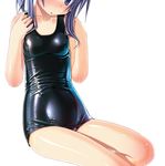  black_school_swimsuit blue_eyes blue_hair head_out_of_frame highres old_school_swimsuit one-piece_swimsuit original sakuya_tsuitachi school_swimsuit shiny shiny_clothes shiny_swimsuit short_hair sitting solo sukumizu_tabehoudai swimsuit transparent_background wet 