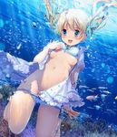  blonde_hair blue_eyes bow bow_bra bra bra_lift breasts iuro long_hair navel open_clothes original panties panty_pull small_breasts solo striped striped_bra striped_panties twintails underwater underwear undressing 