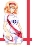  2015_rugby_world_cup alice_margatroid ball blonde_hair blue_eyes blush breasts england english_flag flag_background hairband jersey looking_at_viewer medium_breasts nike rugby rugby_ball rugby_uniform shirt short_hair shorts solo sportswear takamichis211 touhou united_kingdom 