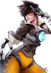  bodysuit bomber_jacket brown_eyes brown_hair freckles gloves goggles highres jacket orange_bodysuit overwatch rodrigo_de_souza short_hair simple_background solo thighs tracer_(overwatch) white_background 