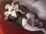  anthro big_breasts breasts canid canine clothing duo felid female hand_on_stomach huge_breasts kincade lingerie lion lying male male/female mammal multi_tail nipple_bulge on_side pantherine pig_(artist) pregnant sheer_clothing smile translucent transparent_clothing 