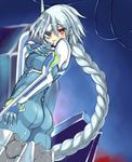  :p armor ass bangs blazblue blush bodysuit braid breasts cable cowboy_shot eyepatch finger_to_mouth from_side gloves himegi_you long_hair looking_at_viewer looking_back medium_breasts nu-13 red_eyes silver_hair sketch solo tongue tongue_out very_long_hair 