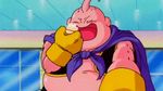 1boy 90s animated animated_gif antennae cake cape dragon_ball dragonball_z eating eyes_closed food gloves happy majin_buu male_focus monster pink_skin shop solo sweets window 