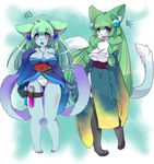  2_tails cat clothing feline female fundoshi green_hair hair japanese_clothing kemono legwear long_hair mammal multiple_tails powderkona purple_eyes stockings underwear 