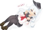  animal_ears bad_id bad_pixiv_id black_legwear blue_eyes cat_ears commentary_request hat hibiki_(kantai_collection) highres kafuu_kaya kantai_collection long_hair long_sleeves neckerchief pantyhose paw_pose school_uniform serafuku shoes silver_hair solo white_background 