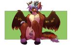  2015 anthro antlers anus aven-fawn cervine dean.winchester deer feathers female flat_chested green_eyes hair hooves horn long_hair mammal multicolored_hair nipples peryton pose sitting solo spots tailbell wings 