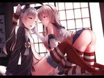  all_fours amatsukaze_(kantai_collection) ass bad_id bad_pixiv_id bare_shoulders black_panties blonde_hair blush breasts dress elbow_gloves eye_contact fang gloves hand_on_another's_cheek hand_on_another's_face highres kantai_collection long_hair long_sleeves looking_at_another midriff miniskirt multiple_girls navel neckerchief open_clothes open_dress open_mouth panties pleated_skirt rerrere school_uniform serafuku shimakaze_(kantai_collection) shirt side-tie_panties silver_hair sitting skirt small_breasts smile striped striped_legwear thighhighs two_side_up underwear very_long_hair white_gloves yellow_eyes yuri 