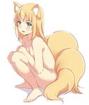  :3 :d animal_ears barefoot blonde_hair blush breasts cleavage copyright_request fox_ears fox_tail full_body knees_to_chest long_hair multiple_tails nude open_mouth simple_background small_breasts smile solo squatting tail white_background yatomi 