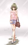  bag bare_legs bare_shoulders blue_eyes blush brown_hair character_name collarbone crossed_legs full_body green_eyes handbag haru_(primavera) heterochromia idolmaster idolmaster_cinderella_girls knees light_smile looking_at_viewer md5_mismatch no_socks pink_shirt shade shirt shoes short_hair shorts signature sleeveless sleeveless_shirt takagaki_kaede walking 