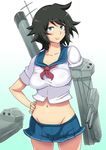  ao_madoushi bangs black_hair blue_eyes cannon collarbone groin hand_on_hip highres kako_(kantai_collection) kantai_collection looking_at_viewer machinery midriff navel parted_bangs school_uniform serafuku short_hair smile solo turret 