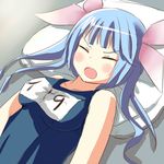  :o blue_hair blush breasts closed_eyes covered_nipples frown hair_ribbon highres i-19_(kantai_collection) implied_masturbation kantai_collection long_hair lying manatsu_no_yo_no_inmu medium_breasts name_tag on_back one-piece_swimsuit open_mouth pillow ribbon school_swimsuit sketch solo swimsuit tagfly27qt tri_tails upper_body v-shaped_eyebrows 