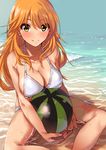  ball beach beachball bikini blonde_hair breast_rest breasts cleavage day earrings fingernails green_eyes highres hoshii_miki idolmaster idolmaster_(classic) jewelry kurokin large_breasts long_hair looking_at_viewer partially_submerged shiny shiny_skin sitting skindentation smile solo stud_earrings swimsuit watermelon_beachball wet 
