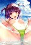  :d absurdres bangs bikini blue_sky blunt_bangs blush breasts brown_eyes cameltoe cloud comic_aun day green_bikini green_swimsuit hair_ribbon highres horizon island looking_at_viewer lying medium_breasts misaki_kurehito navel nipples ocean on_back open_mouth outdoors partially_submerged partially_visible_vulva purple_hair ribbon sky slingshot_swimsuit smile solo sparkle spread_legs strap_pull sunlight swimsuit thighs two_side_up water water_drop watermark web_address wet 