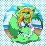  ball beach blonde_hair canine dog female fur green_fur hair kemono mammal one_eye_closed open_mouth seaside やなしろ 