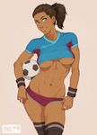  1girl abs blue_eyes breasts brown_hair dark_skin korra legend_of_korra midriff navel owler ponytail simple_background soccer_ball soccer_uniform solo the_legend_of_korra thighhighs thighs underboob 