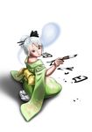  air_(artist) alternate_hairstyle calligraphy_brush green_eyes hair_ornament hairband highres japanese_clothes kanzashi kimono konpaku_youmu konpaku_youmu_(ghost) obi paintbrush sash socks solo touhou white_hair wide_sleeves 