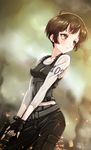  breasts brown_eyes brown_hair fingerless_gloves gloves gun hamoto handgun highres holding holding_gun holding_weapon pistol psycho-pass short_hair small_breasts solo trigger_discipline tsunemori_akane weapon 