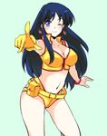  aqua_background belly blue_eyes blue_hair bracelet breasts cleavage dirty_pair earrings gloves jewelry large_breasts long_hair looking_at_viewer midriff navel one_eye_closed pointing pointing_at_viewer single_glove solo thighs yellow_gloves yoshii_yumi yuri_(dirty_pair) 