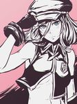  alisa_ilinichina_amiella blue_eyes breasts cabbie_hat crest fingerless_gloves gloves god_eater god_eater_burst hat koyorin long_hair medium_breasts midriff monochrome navel no_bra pink_background sleeveless solo spot_color underboob upper_body vest 