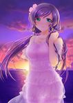  blush breasts earrings flower green_eyes hair_flower hair_ornament jewelry large_breasts long_hair looking_at_viewer love_live! love_live!_school_idol_project ocean purple_hair sha smile solo sunset toujou_nozomi twintails 