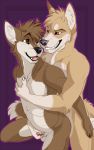  2018 5_fingers animal_genitalia animal_penis anthro anthro_on_anthro balls black_nose brown_eyes brown_fur brown_hair bryce_(lonewolfhowling) canine canine_penis claws cuddling digital_media_(artwork) dingo dog duo eye_contact fangs fur hair half-erect hand_on_chest hand_on_leg holding_partner hug kneeling male male/male mammal muscular muscular_male nude open_mouth patrikthedog pecs penis penis_tip reach_around red_eyes romantic_couple sheath simple_background smile spencer_(lonewolfhowling) tan_fur teeth tongue white_fur 