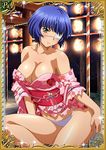  bare_shoulders blue_hair blush breasts cleavage eyepatch ikkitousen japanese_clothes kimono large_breasts panties ryomou_shimei short_hair solo torn_clothes underwear white_panties 