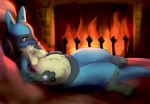  2012 abdominal_bulge anthro bed belly big_belly black_fur black_kitty blue_fur breasts canine fire fireplace fur half-closed_eyes hand_on_belly inside jackal lucario male mammal nintendo nude paws pok&eacute;mon pok&eacute;morph pregnant red_eyes solo spikes tuft video_games yellow_fur 