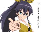  antenna_hair beyond_the_nobles black_hair blue_eyes earrings ganaha_hibiki hair_ribbon highres hoop_earrings idolmaster idolmaster_(classic) jabara_tornado jewelry long_hair looking_at_viewer pointing pointing_at_viewer ponytail ribbon smile solo translated 