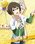  akizuki_ryou antenna_hair blush brown_eyes brown_hair card_(medium) character_name glasses idolmaster idolmaster_side-m long_sleeves male_focus official_art open_clothes open_mouth open_shirt shirt smile solo umbrella watch wet wristwatch 