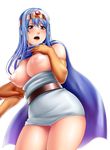  1girl areolae arm_grab blue_hair blush breasts breasts_outside cape dragon_quest dragon_quest_iii dress elbow_gloves gloves highres large_breasts legs long_hair looking_down nipples no_name_ninja open_mouth panties red_eyes sage_(dq3) simple_background solo_focus standing strapless thighs tiara underwear 