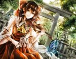  ascot bad_id bad_pixiv_id bow bow_(instrument) brown_eyes brown_hair bug butterfly detached_sleeves dress forest hair_bow hair_tubes hakurei_reimu highres insect instrument jan_(lightdragoon) looking_at_viewer music nature playing_instrument red_dress ribbon-trimmed_sleeves ribbon_trim smile solo statue torii touhou violin wide_sleeves 