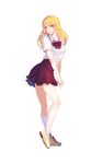  bad_id bad_pixiv_id blonde_hair checkered checkered_skirt full_body hands_clasped kneehighs long_hair looking_at_viewer original own_hands_together pleated_skirt school_uniform serafuku shoes simple_background skirt sneakers solo white_background white_legwear yellow_eyes yumaomi 