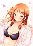  :o bikini bikini_under_clothes black_bikini blush breasts brown_eyes chigusa cleavage fingernails floral_background houjou_karen idolmaster idolmaster_cinderella_girls large_breasts long_fingernails long_hair long_sleeves looking_at_viewer nail_polish open_clothes open_mouth orange_hair pink_nails side_ponytail solo swimsuit swimsuit_under_clothes upper_body 