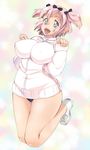  1girl breasts covered_nipples curvy hibari_(senran_kagura) highres jumping kneeling large_breasts legs open_mouth pink_hair senran_kagura senran_kagura_shoujo-tachi_no_shin'ei shie_(m417) short_hair short_twintails smile solo sweat symbol-shaped_pupils thighs twintails wide_hips zipper 