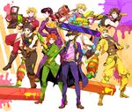  6+boys aiming bad_id bad_pixiv_id blaster_(splatoon) boots caesar_anthonio_zeppeli crossover dio_brando dual_persona earrings fingerless_gloves gakuran gloves gun headband higashikata_jousuke jacket jewelry jojo_no_kimyou_na_bouken jonathan_joestar joseph_joestar_(young) kakyouin_noriaki knee_pads kuujou_joutarou multicolored multicolored_background multiple_boys paint paint_splatter parody pointy_shoes pompadour school_uniform shoes shuntaro_(syun_gaomu) splat_charger_(splatoon) splat_roller_(splatoon) splatoon_(series) splatoon_1 splattershot_(splatoon) tank_top weapon winged_hair_ornament 