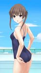  :o adjusting_clothes adjusting_swimsuit blue_eyes brown_hair competition_school_swimsuit cowboy_shot day headshop highres one-piece_swimsuit outdoors solo swimsuit third-party_edit wacchi 