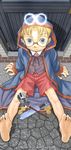  1boy 2004 artist_name barefoot blonde_hair blue_eyes child cloak dagger dated feet glasses goblet hada_toshiya halo looking_at_viewer male_focus original outdoors short_hair shorts sitting solo toes weapon 