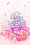  animal animal_ears bad_id bad_pixiv_id blue_eyes blue_hair bunny cat closed_eyes floral_print fox fox_ears fox_tail highres japanese_clothes kimono obi original sash smile squirrel tabi tail ye_xian 