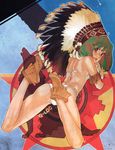  arched_back arm_strap ass bikini ebata_risa feathers fringe_trim green_eyes highres legs_folded long_legs looking_back lying macross macross_frontier moccasins official_art on_side open_mouth ranka_lee scan solo source_request swimsuit tribal warbonnet 