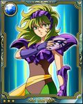  armor card_(medium) female galaxy_card gradient gradient_background green_eyes green_hair mask ophiuchus_shaina sad saint_seiya solo 