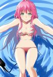  absurdres ahoge bikini breasts chikkinage_nage commentary_request demon_tail green_eyes highres lala_satalin_deviluke long_hair looking_at_viewer medium_breasts partial_commentary pink_hair pool smile solo swimsuit tail to_love-ru water 