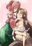  blush breasts brown_eyes brown_hair capelet checkered checkered_shirt cleavage commentary_request eye_contact futatsuiwa_mamizou futatsuiwa_mamizou_(human) glasses grin hair_bobbles hair_intakes hair_ornament hand_on_another's_head large_breasts leaf_hair_ornament long_hair looking_at_another motoori_kosuzu multiple_girls pink_eyes pink_hair shirt short_hair skirt smile touhou two_side_up yohane yuri 