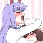  animal_ears blush breast_smother breasts brown_hair bunny_ears clenched_teeth commentary crying hug inaba_tewi large_breasts long_hair multiple_girls one_eye_closed open_mouth purple_hair reisen_udongein_inaba shirosato short_hair sweat teeth touhou 